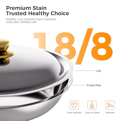 CAMMOO Gold 4 Pack Chafing Dishes for Buffet, 18/8 (304) Stainless Steel Food Pan with Lid, 6QT Round Chafing Dish Buffet Set Food Warmer, Food Warmers for Parties Buffet Catering Events Dinners by CAMMOO - Image 2