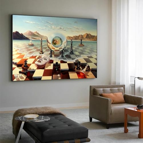 Peinture Échecs sur Mer Salvador Dali Toile Surréalisme de Haute Qualité 90x140 cm