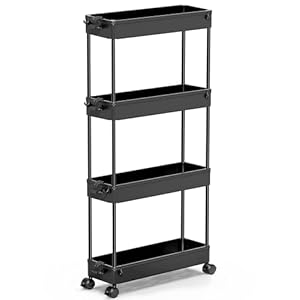 SPACEKEEPER Slim Rolling Storage Cart 4 Tier Organizer Mobile Shelving Unit Utility Cart Tower Rack for Kitchen Bathroom Laundry Narrow Places, Black