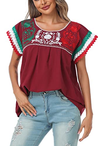 YZXDORWJ Women Mexican Embroidered Lace Traditional Colorful Blouse Tricolor Top Mexican Independence Day Shirt2