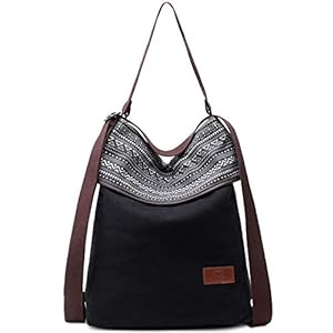 Travistar Canvas schoudertas voor dames, grote handtas, vintage, anti-diefstaltas, voor dagelijks gebruik, kantoor, school, uitstapjes, winkelen Rucksack Handtasche Damen materiaal, Gedrukt Zwart