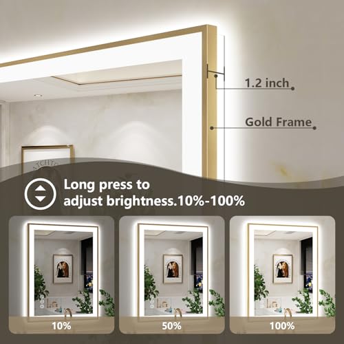 Image of 24x30 LED Bathroom Mirror with Lights, Gold Framed Lighted Mirror | Backlit and Front light, Anti-Fog, 3 Color Dimmable, Memory, Tempered Glass, IP54 Waterproof, UL Listed