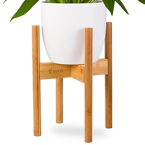 Ayria Mid-Century Modern Bamboo Plant Stand - Adjustable Width (Up to 30cm) - Fits Various Pot Sizes - Natural Bamboo