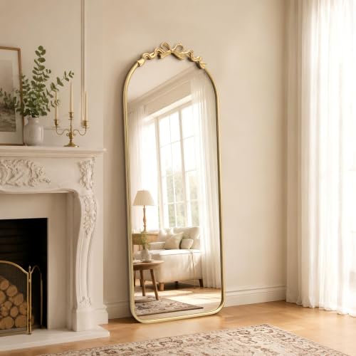 Image of Besdomus Arched Mirror Full Length: 21 inchx56 inch Vintage Bow Gold Floor Mirror | French Antique Baroque Traditional Ornate Standing for Entryway /Cloakroom /Bedroom - Ideal for Fashion-Conscious Ages 18-45