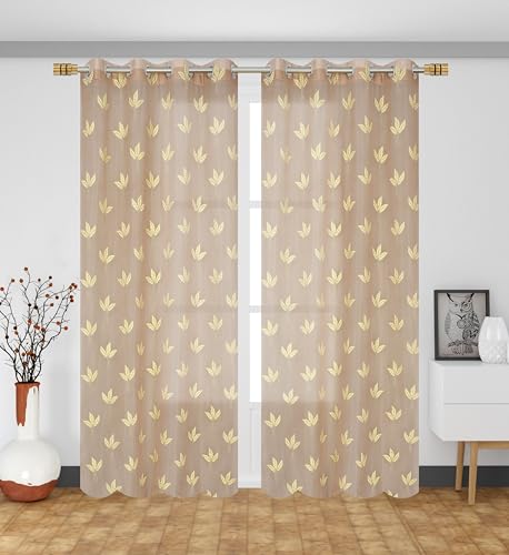 Image of IVAZA Polyester Semi-Transparent Leaf Embroidered Curtain ? Sheer Voile Panel with Eyelets ? Lightweight & Airy ? Ideal for Living Room, Bedroom, Balcony Long Door- 9 Feet (Pack of 2) Beige