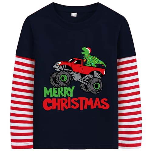 Toddler Boy Girls Christmas Shirts Strip Long Sleeve Dinosaur Elk Trucks T-Shirt Kids Ugly Xmas Tops Clothes 2-7T