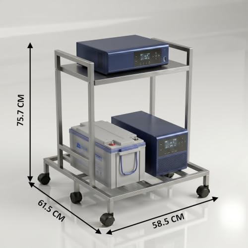 Image of Inverter Trolley for Home 2-Tier Double Battery Stand with Wheels - Heavy Duty White Metal UPS Trolley for Inverter & Battery Storage, Durable & Space-Saving Design (Silver)