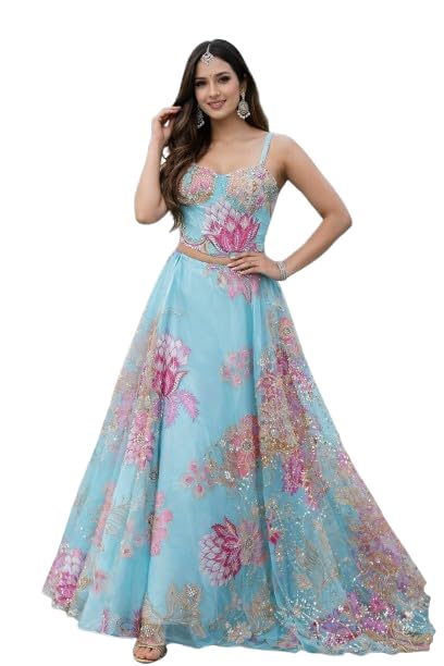 Ready To Wear Indo Western Lehenga Choli Set For Womens And Girls Organza Silk Fabric On Digital Printed With Embrodery Sequance Work Fully Stitched XL Free Size Sky blue-image-27