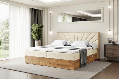 ALTDECOR Boxspringbett mit Matratze und Lattenrost, Topper, Fußteil,Polsterbett mit Bettkasten, Bett mit Stauraum H4-Matratze, Doppelbett, Boxbett - LOLLI6-200x200 - Beige Monolith