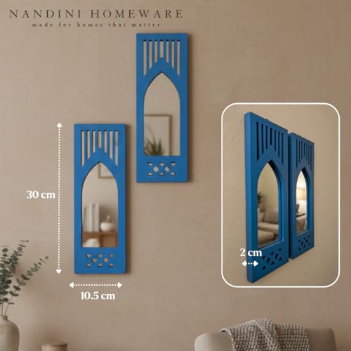 Image of Nandini Handcrafted Traditional Set of 2 MDF Wooden Mirror Jharokha Wall Art | Blue Modern Boho Style Decorative Mirror Wall Hangings (Blue Modern Set of 2)