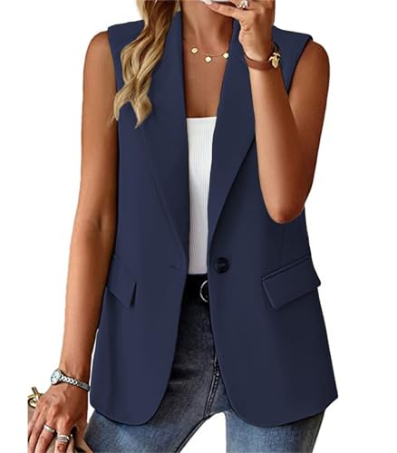 L Navy Blue Sleeveless Blazer Vest for Women Spring 2025 Fashion Casual Lightweight Open Front Work Office Blazer Jackets with Pockets