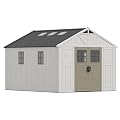 Devoko 10x12 FT Resin Outdoor Storage Shed with Floor, Large Plastic Garden Shed with Windows & Lockable Door, Multipurpose Tool Storage Shed for Patio Backyard Lawn, Beige