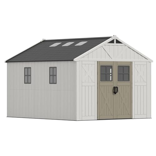 Image of Devoko 10x12 FT Resin Outdoor Storage Shed with Floor, Large Plastic Garden Shed with Windows & Lockable Door, Multipurpose Tool Storage Shed for Patio Backyard Lawn, Beige
