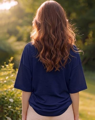 Image of Women's Typography Round Neck Cotton-Blend T-Shirts, Oversized Drop Shoulder Boho Style T-Shirt