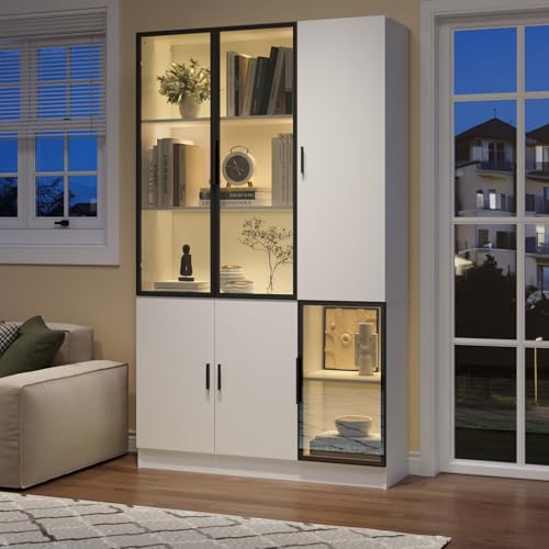 KOMHTOM Armoire Vitrine LED, Meuble de Rangement 120x35x200 cm, Cadre en Aluminium, Portes en Verre Trempé, 10 Compartiments, Bibliothèque Blanche, pour...
