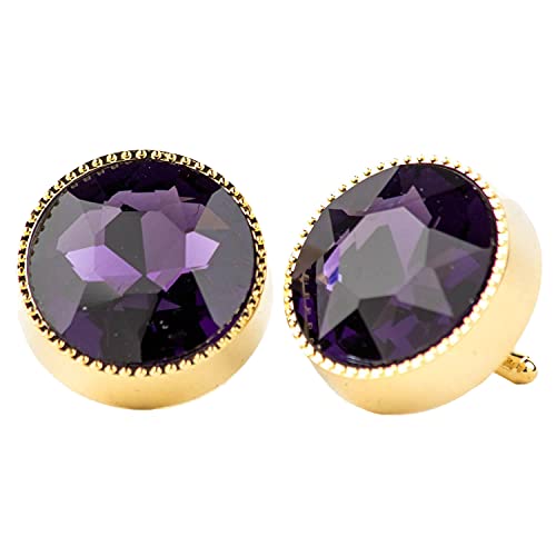 Vittorio Vico Colored Stone Framed in Clear Crystal Studded Round Cufflink for Men - Unique Mens Jewelry - Best Gift for Him, Dad, Uncle, Bestfriend, Groom (Gold, Plum)