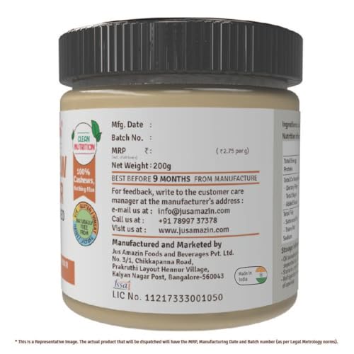 Jus' Amazin Cashew Butter - All Natural, Unsweetened, High Protein, Cholesterol Free, Dairy Free, 100% Natural, Plant-Based Protein, 200 gms