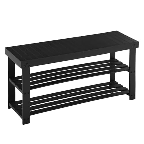 APICIZON Schuhbank, Schuhregal Schwarz aus Bambus, 90 x 28 x 45 cm, Schuhschrank mit Sitzbank für Flur, Wohnzimmer, Garderobe, Bad, Diele, 3 Ablagen