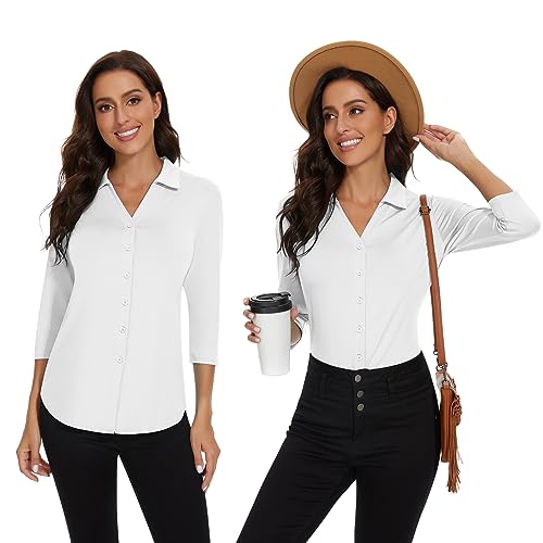 Image of Soneven Womens Golf Polo Shirts 3 /4 Long Sleeve V Neck Button Down Shirts Business Causal Work Blouses Tops