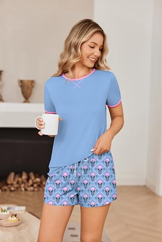 Image of Ekouaer Women Pajama Set Casual Shorts Sets Short Leeve Lounge Set | Soft Sleepwear Top and Shorts for Daily Wear, Home, Party for Mom, Wife