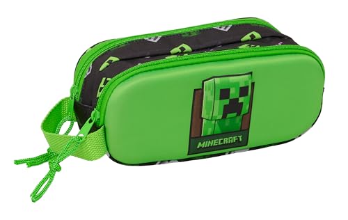 MINECRAFT - Trousse double 3D, trousse pour enfant, idéale pour les enfants d'âge scolaire, confortable et polyvalente, qualité et résistance, 21 x 6 x 8 cm