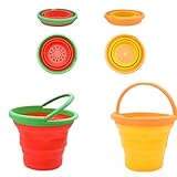 Coriver 2er-Pack Faltbarer Strand-Eimer, zusammenklappbarer Sand-Eimer mit Griff, Sand Spielzeug mit Motiv, Outdoor-Sandkasten-Schneespielzeug für Party Reisen Camping Wasser (1. Rot+Orange)