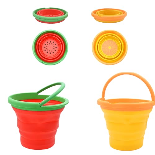 Coriver 2er-Pack Faltbarer Strand-Eimer zusammenklappbarer Sand-Eimer mit Griff Sand Spielzeug mit Motiv Outdoor-Sandkasten-Schneespielzeug für Party Reisen Camping Wasser (1. Rot+Orange)