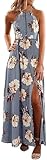 ZESICA Women's Halter Neck Floral Print Backless Split Beach Party Maxi Dress,Grey,Small