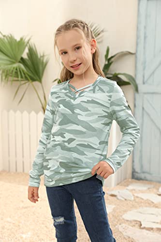 Image of Girls Camouflage Stripe Short Sleeve Shirts V Neck Criss Cross Tees Sweat Kids Casual Sport Tops Blouse(4-15T)