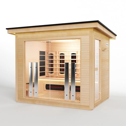 4-5 Person Hybrid Home Wood Sauna, Outdoor WiFi Control Traditional Hemlock Steam & Far Infrared Saunas Spa Room with Red Light Therapy, 14 Heaters& Electric Stove, Accessories, Rightdoor