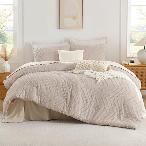 Image of Andency Linen Comforter Set Queen Size, Boho Soft Warm Tufted Bedding Comforter Sets for Queen Size Bed, 3 Pieces Aesthetic Chevron Farmhouse Cute Bohemian Textured Bed Set