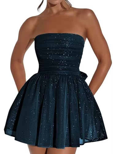 Glitter Tulle Homecoming Dresses Strapless Pleated A Line Short Prom Dress Mini Cocktail Party Gowns with Bow Back