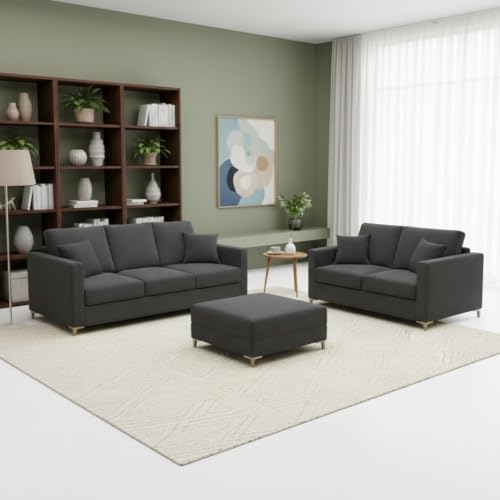 Image of Rich Velvet Suede Sofa | Spacious Soft Touch Comfort Seating | Modern Sofa for Living Room (Dark Grey, Hayes, 3 + 2 Seater Sofa + Ottoman)