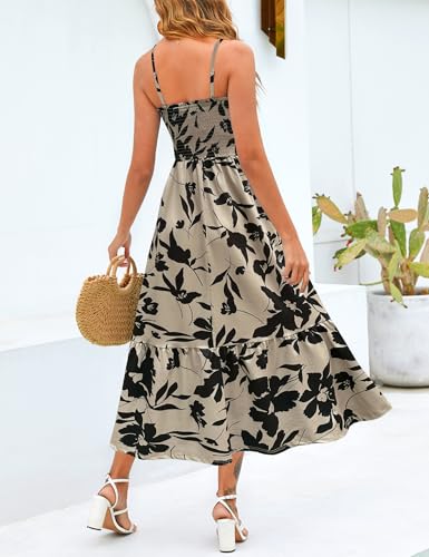 Image of Kranda Women 2026 Summer Sundress High Waist Tie Front Spaghetti Strap Long Beach Floral Tiered Maxi Dress with Pockets