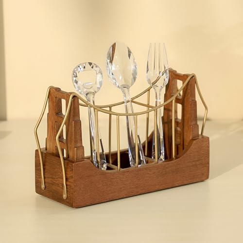 Image of Brick Brown Premium Golden Gate Cutlery Holder | Spoon Stand for Kitchen & Dining Table | Cutlery Stand & Tabletop Cutlery Box | Spoon Holder Caddy with 3 Section Wood & Metal (10.2x3.6x6 inch)