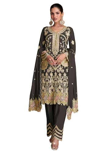 Shri Balaji Silk & Cotton Saree Emporium Chinon Rakhi Sequence Embroidery Sharara Suit Indian Anarkali Style (2, L), 2, Large