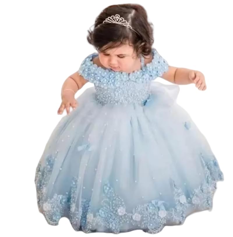 GZCYL Off Shoulder Toddler Pageant Ball Gowns Pearls Flower Girl Dresses for Wedding Party Beaded Applique