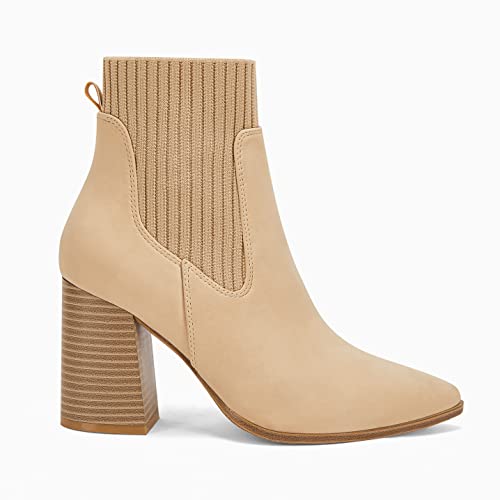 Image of Coutgo Women Ankle Boots Sock Booties Pointed Toe Chunky Stacked High Heel Knit Chelsea Winter Dress Booties