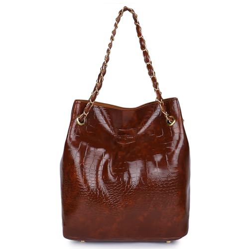 Image of Women's Stylish Handbag with Detachable Sling Strap | Croc Texture Shoulder & Crossbody Bag | Spacious Zip Closure Tote for Office, Daily & Travel Use | Chic Croc Texture, Dual Carry Style, Rich Tan Finish, Spacious Interior, Twist Lock Closure, Adjustable Strap