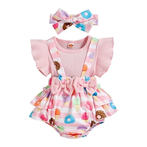 ESSECMBS Newborn Baby Girls 0-18 Months Fake 2Pcs Outfits Set Ruffle Sleeve Ribbed Romper Bow Headband Summer Infant Girls Bodysuit (Pink, 6-12 Months) Cover
