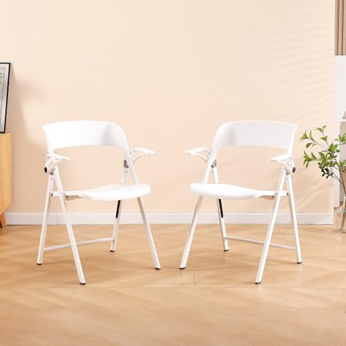 TAO ONE White Office Chair with Arms, Plastic Folding Chairs, Comfort Stackable Dining Chairs,Portable Foldable Chair with Steel Frame for Indoor, Outdoor, Wedding, Party, Lawn, Yard, Beach, 2Pack