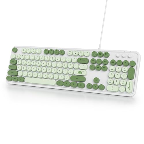 Image of Owpkeenthy Typewriter Green Matcha Cute Keyboard with Floating Round Keys, Full Size Wired Retro Keyboard Click Feeling with Foldable Stands for Laptop Office PC Desktop Windows (Matcha)
