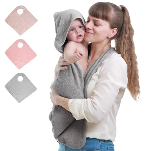 Image of KELRICER Hooded Baby Towels for Newborn, Hands Free Baby Hooded Bath Towel, Oversized Baby Towel with Super Absorbent 100% Cotton, 35.4 * 35.4 Inch Full Coverage Kids Bath Towel (Grey)