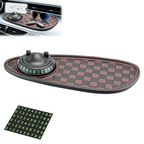 Mobile Phone Bracket Anti-Slip Mat,Universal Fit Anti-Slip Mat,Multifunction Car Dashboard Mat with Temporary Parking Number,360° Rotating Adjustable Phone Holder (Black-Brown) by Generic - Used condition - US$8.45
