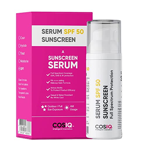 COS-IQ Outdoor Sunscreen Serum SPF 50 PA++++ Broad Spectrum, UVA, UVB and IR Protection, Zero White Cast, Ultra Light Weight, Skin Safe, Dewy Finish (30 ml (Pack of 1), White)