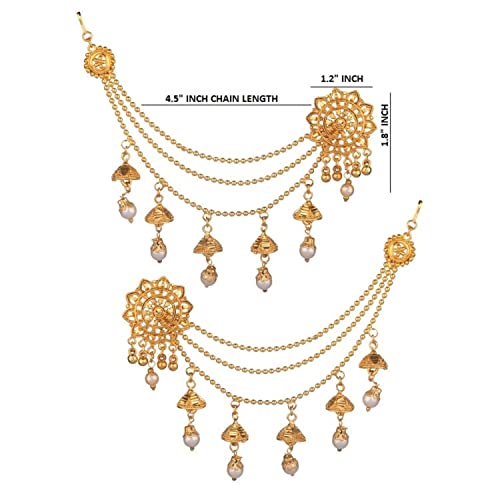 Efulgenz Indian Bollywood Jewelry 14K Gold Plated Dangling Earring with Layered Jhumka Tassels Ear Support Chain Hair Accessory gold4