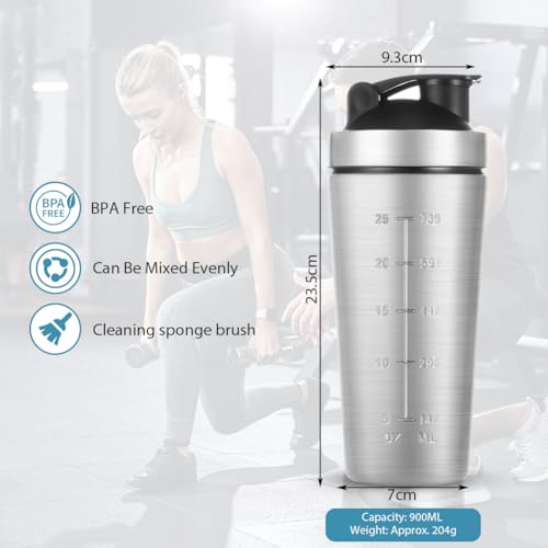 Roestvrijstalen proteïneshaker, 900 ml shaker, eiwitshaker, eiwit, sport, fitness met schaal, mixball en schuimborstel, shakes, BPA-vrij, lekvrij, duurzaam, geurneutraal, voor eiwitten, dieet - Afbeelding 3