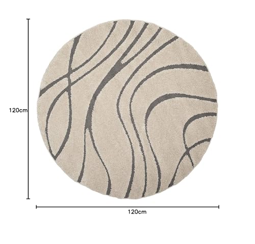 Image of Geometric Wave Round Shaggy Carpet for Living Room, Bedroom, High Low Design Finish Microfiber 1.8 Inch Pile High, 4x4 Feet Ivory|Grey Color