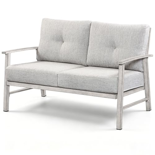 Image of Patio Furniture Loveseat Sofa, Outdoor Aluminum Patio Couch with 5.9'' Soft Cushion, All-Weather 2 Seats Outdoor Furniture Sofa Couch for Garden, Poolside, Lawn, White Oak