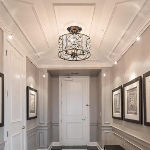 Image of Vintage Crystal Drum Chandelier, 3-Lights Bronze Finish Retro Chandelier Lighting Fixtures, Semi Flush Mount Ceiling Light for Dining Room Living Room Bedroom Entryway Etc.